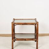 Bedside table or coffee table in bamboo and smoked glass, double top, 70s