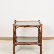 Bedside table or coffee table in bamboo and smoked glass, double top, 70s