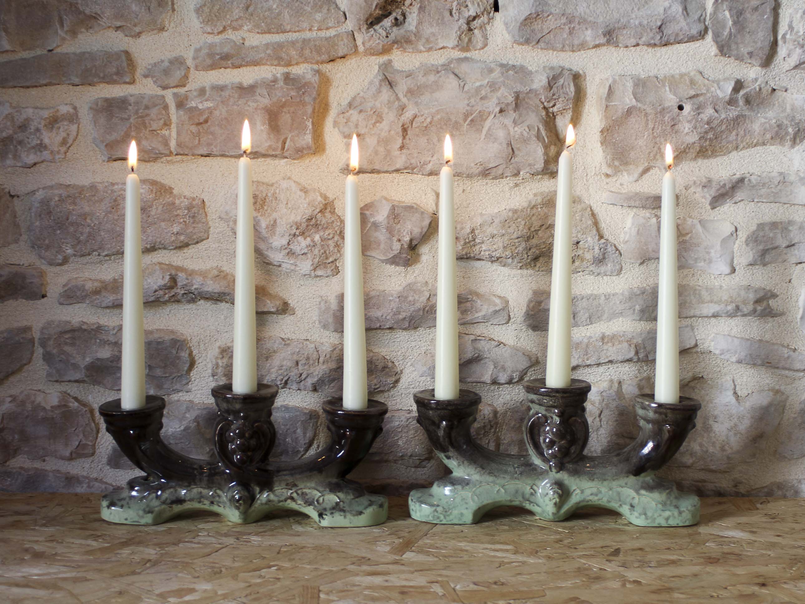 Pair of candlesticks 3 arms in glazed ceramic