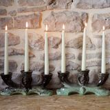 Pair of candlesticks 3 arms in glazed ceramic