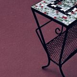 Vintage side table and magazine rack in wrought iron and ceramic tiles