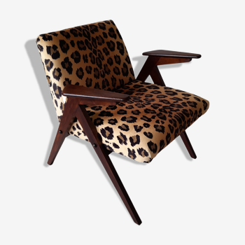 Leopard print velvet bunny armchair from dolnośląskie fabryki mebli, 1960