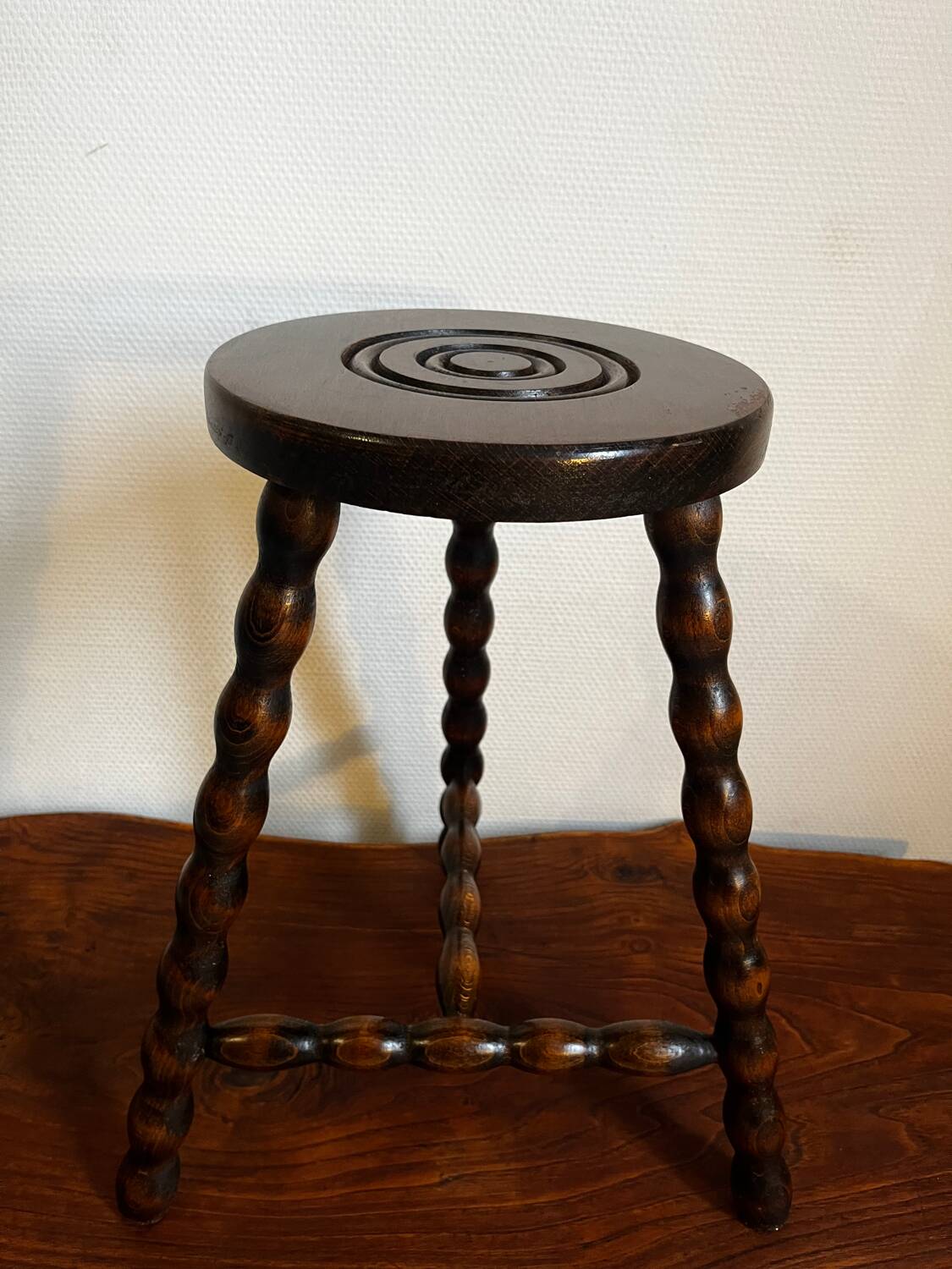 Tripod stool, turned wooden plant holder