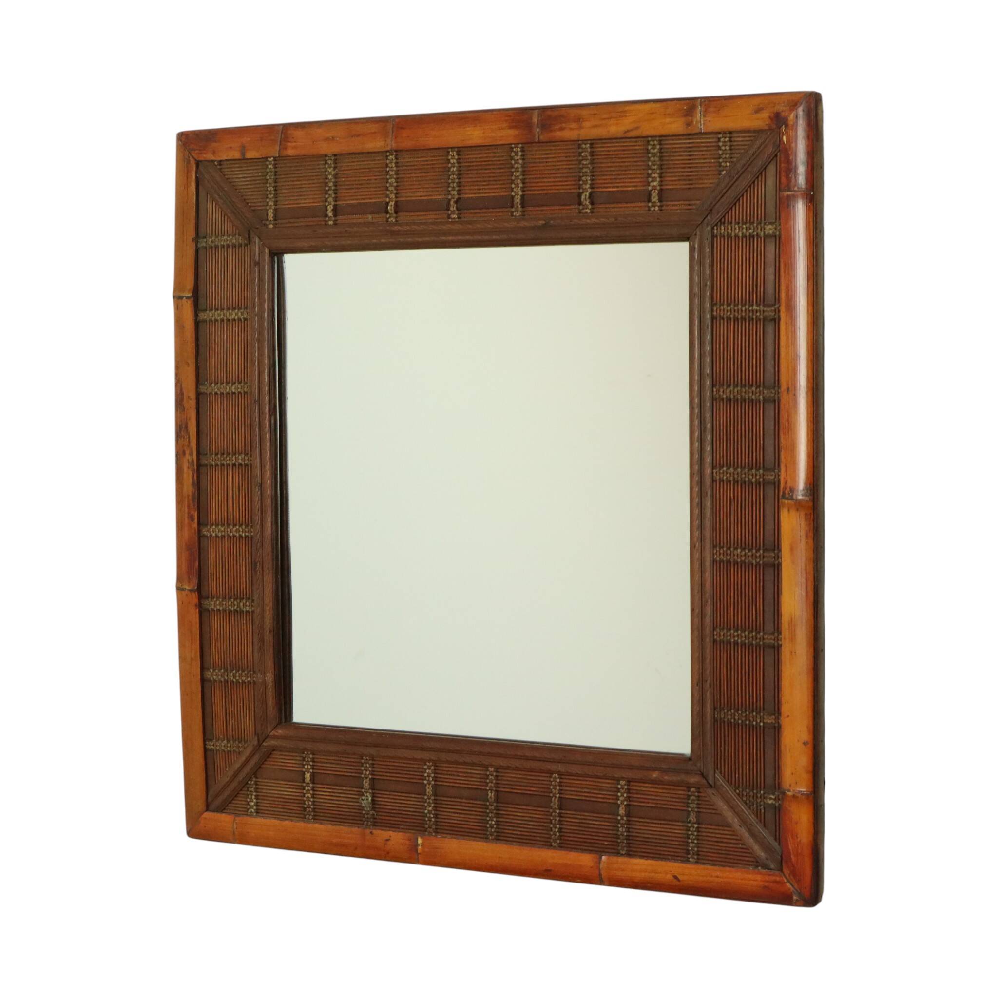 Vintage Square Bamboo and Rattan Mirror Boho 70cm