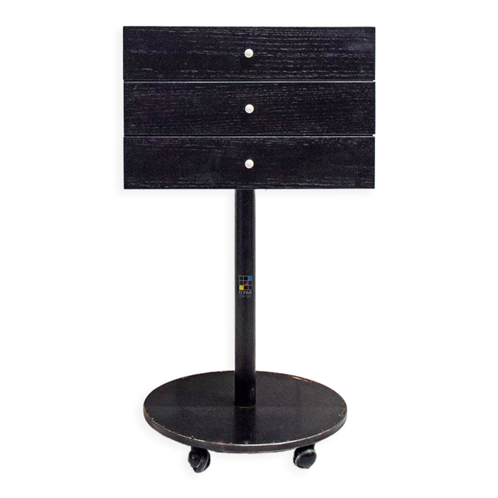 Bedside table shapes in wood and painted iron, marble details, 80s