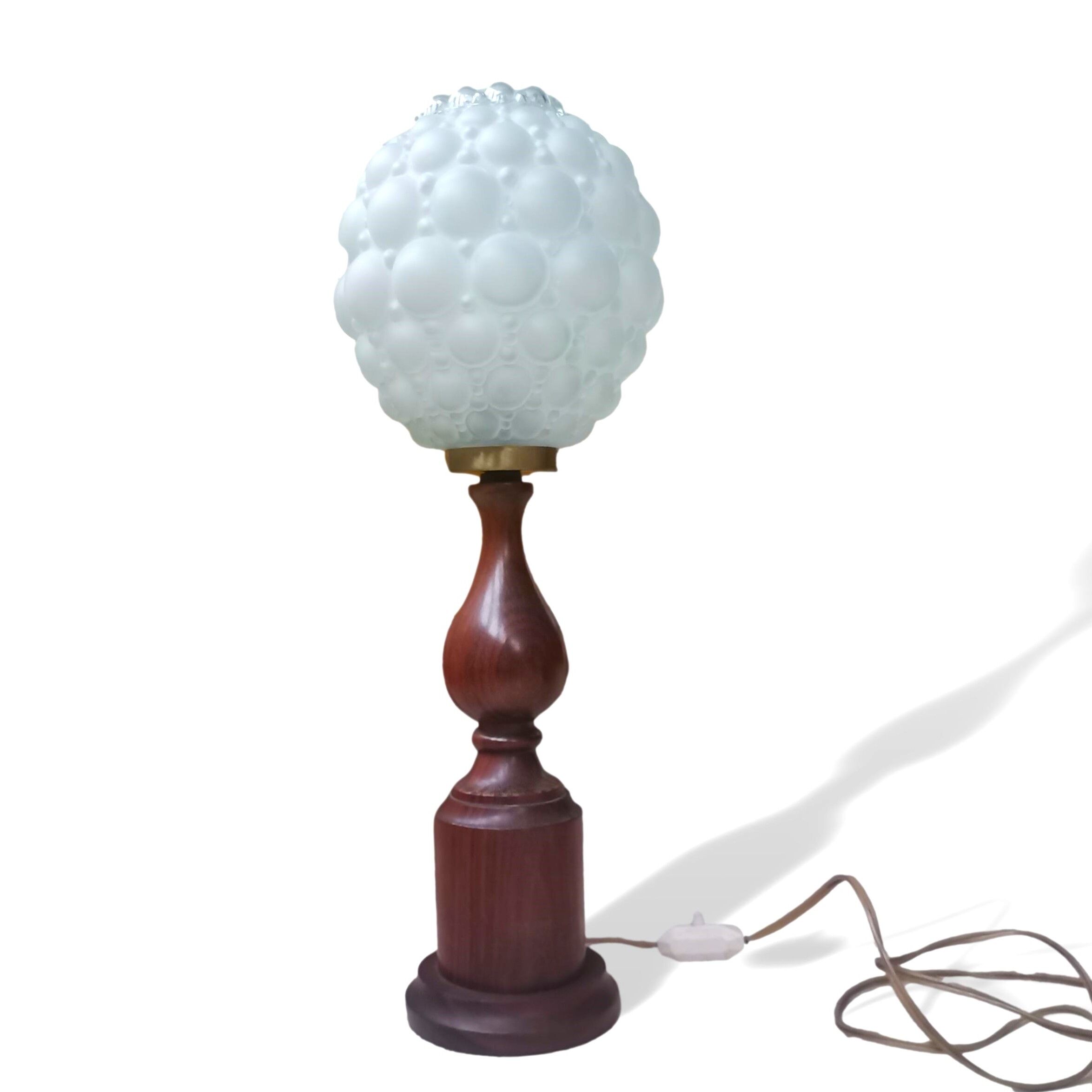Mid century wooden and bubble glass table lamp 1970s