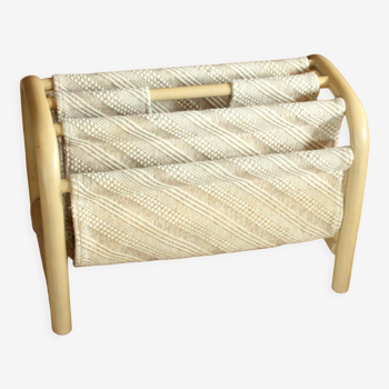 Magazine rack made of white bamboo and fabric, vintage from the 1970s