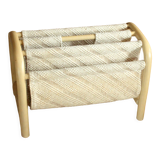 Magazine rack made of white bamboo and fabric, vintage from the 1970s