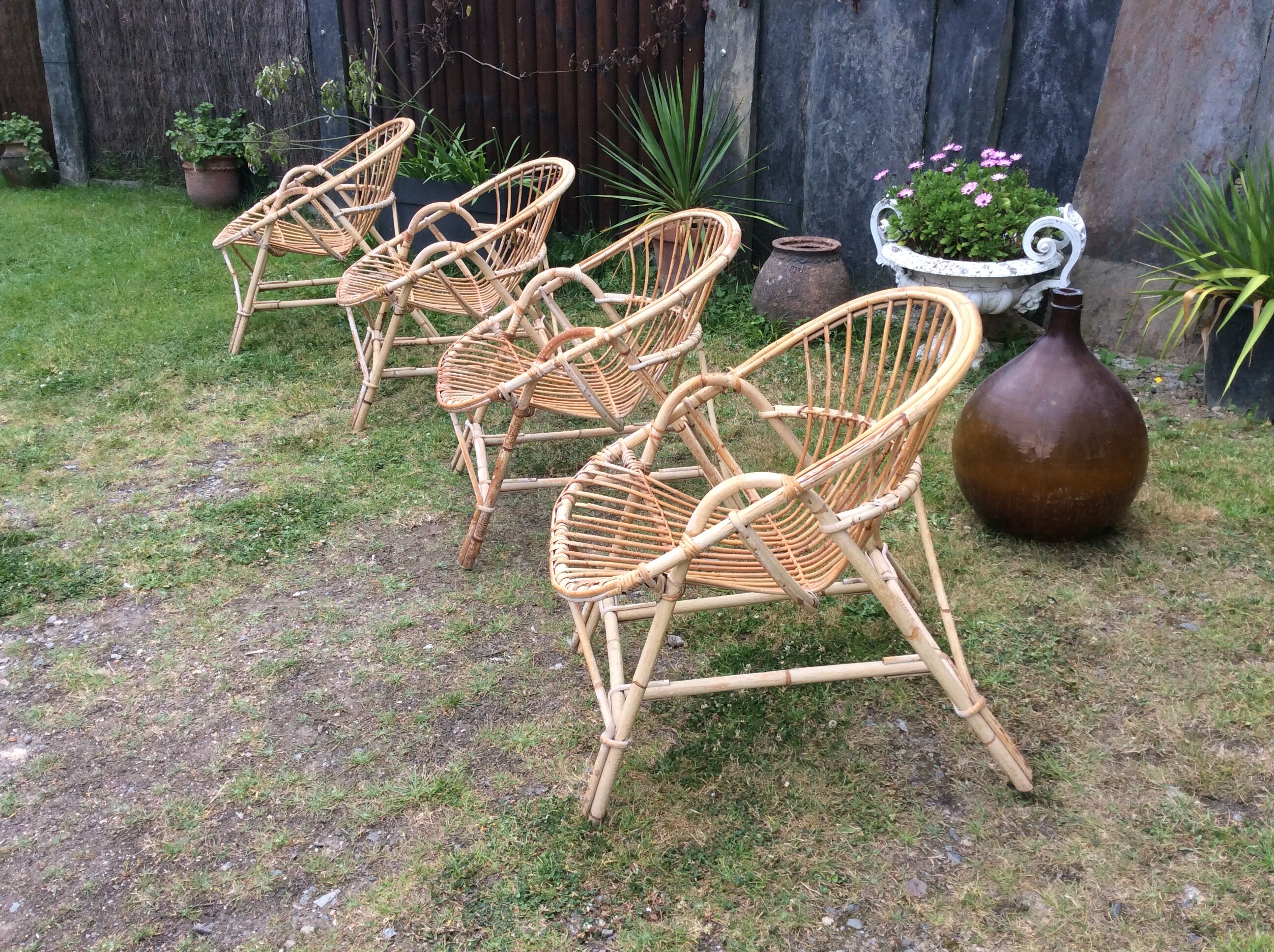 Set de 4 fauteuils rotin vintage