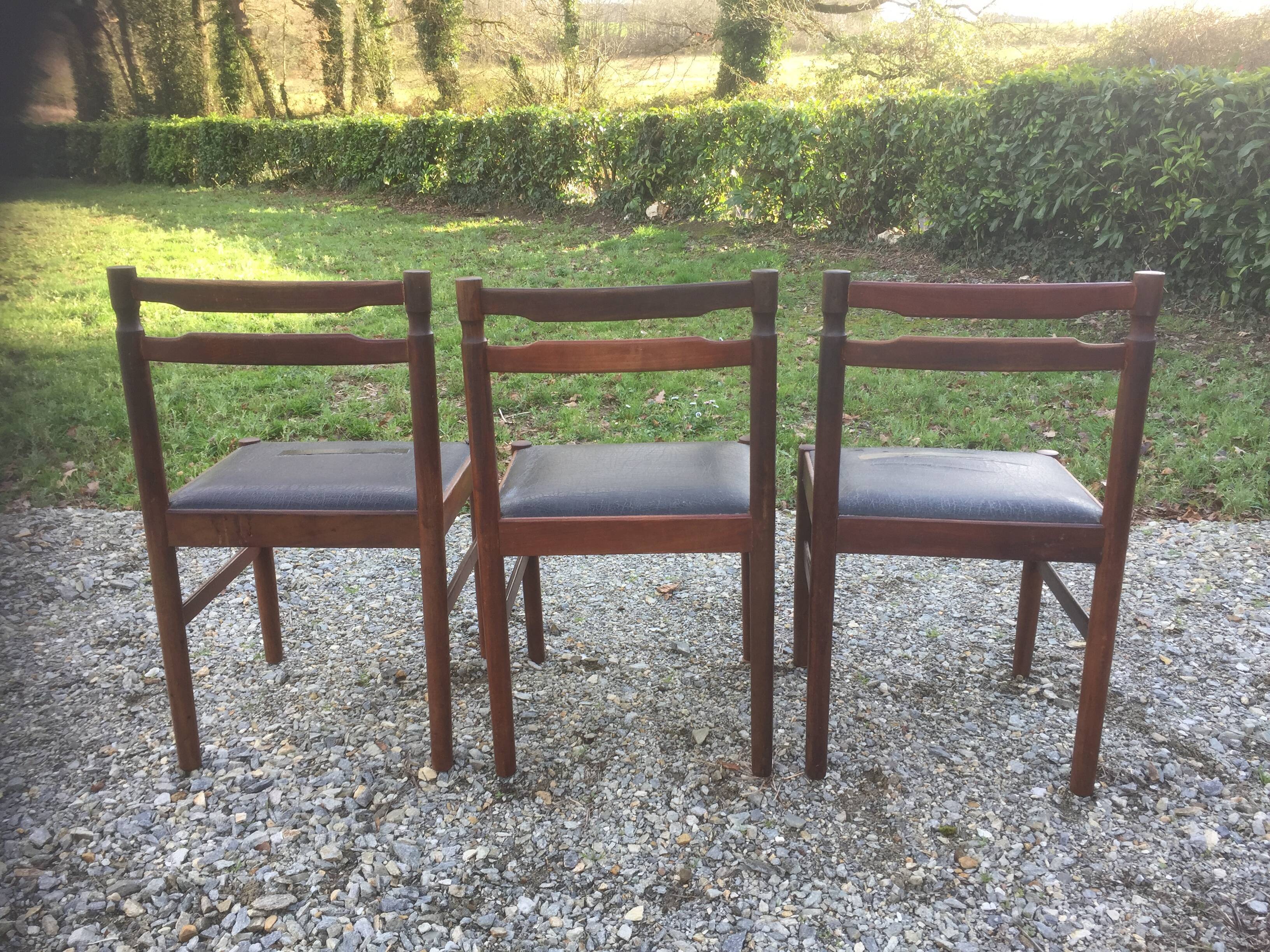 Vintage scandinavian teak chairs, black skaï seats as it is