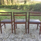 Vintage scandinavian teak chairs, black skaï seats as it is