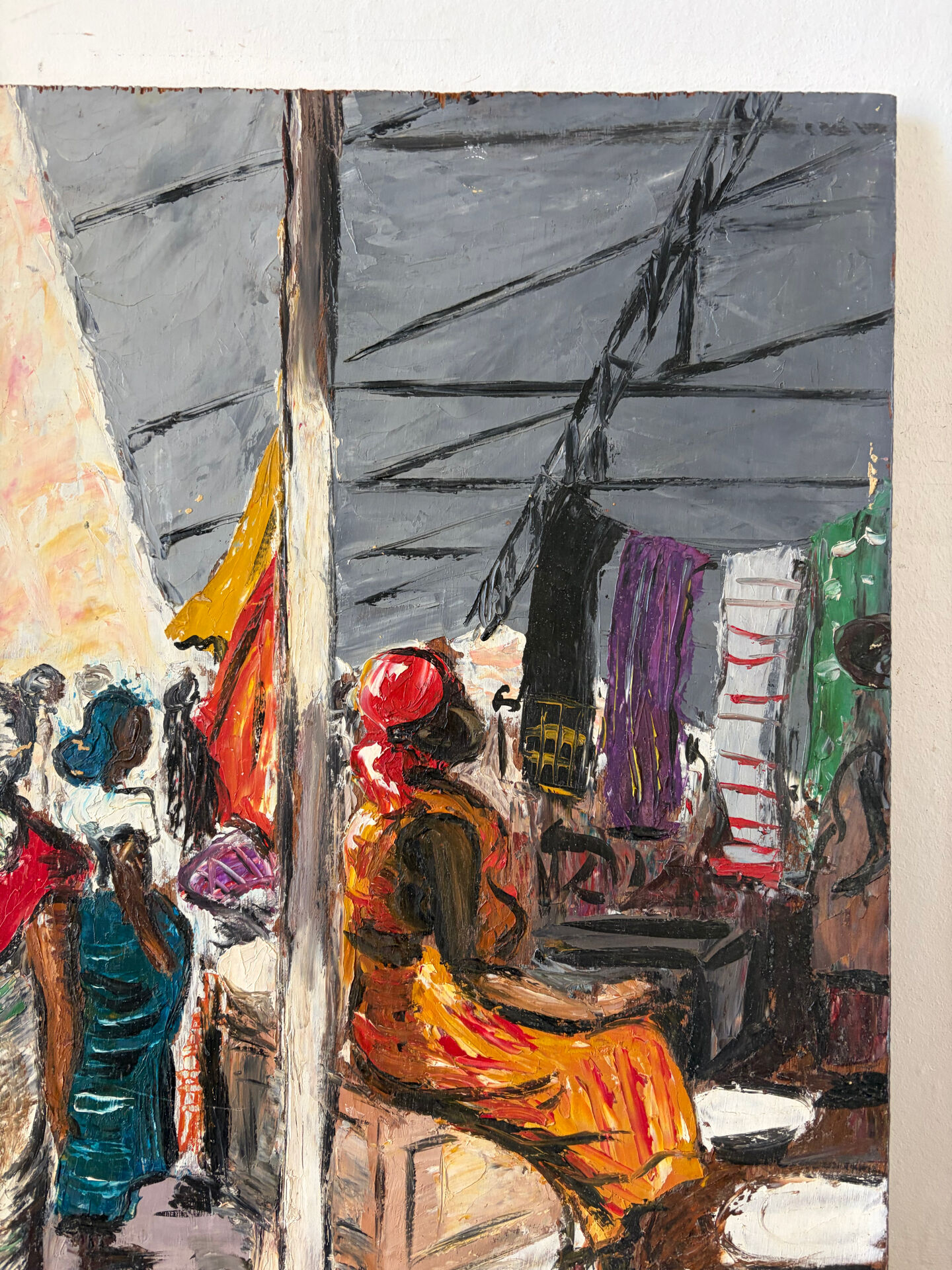 Market in Dakar, oil on panel signed G Vignesoult.