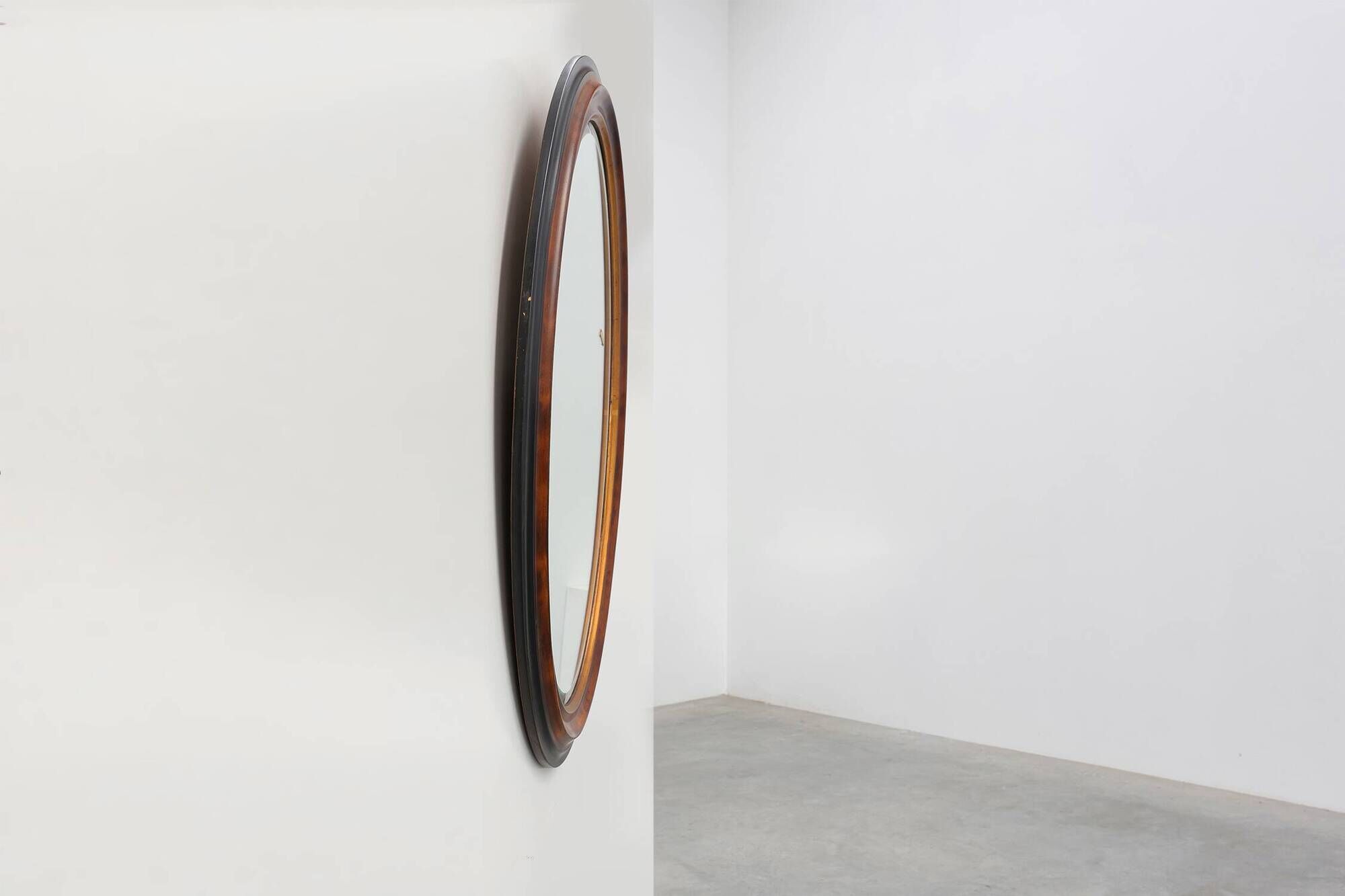 Deknudt Oval Wall Mirror with Walnut-Toned Frame and Gilt Inner Edge, Belgi