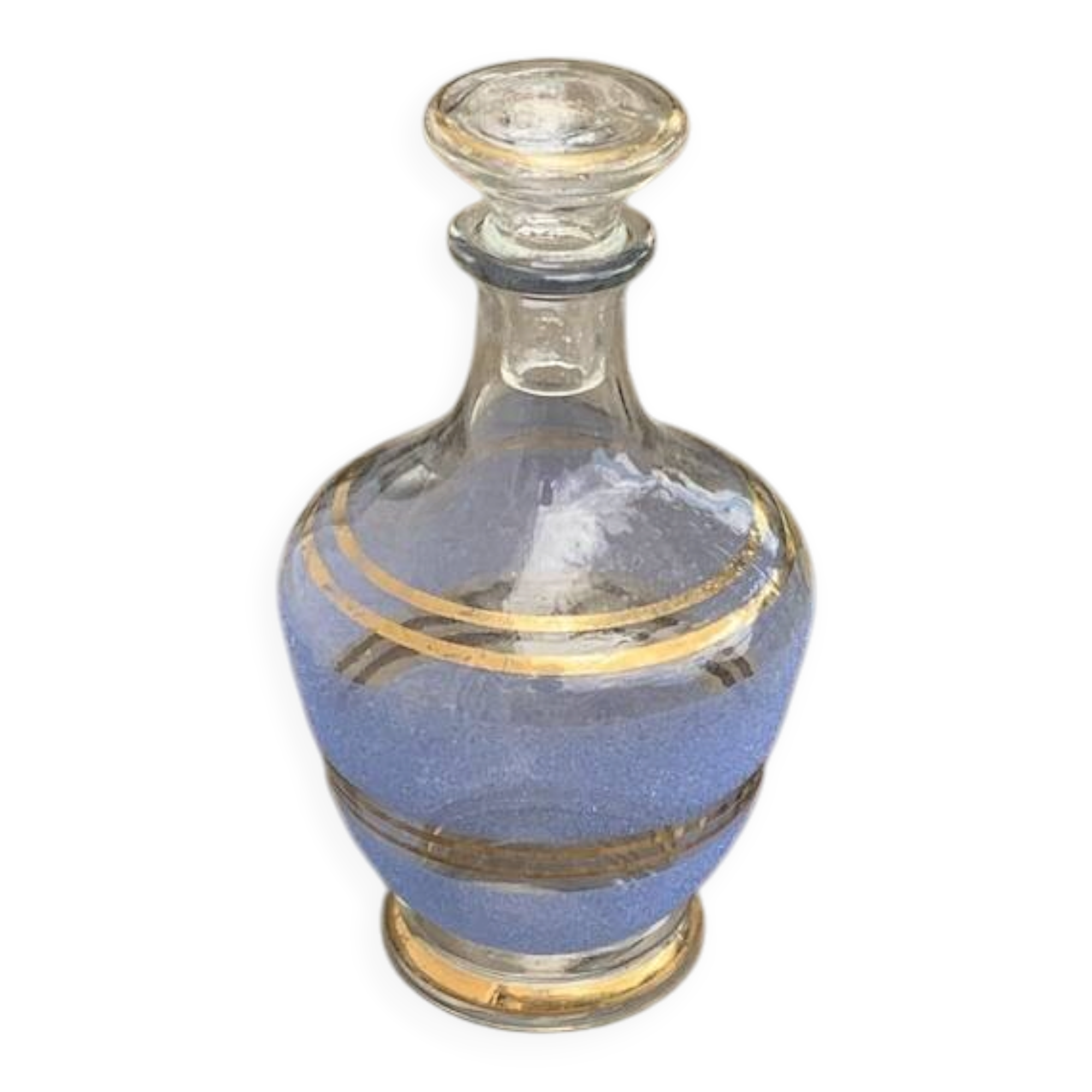 Blue granite glass carafe with vintage gold trim.