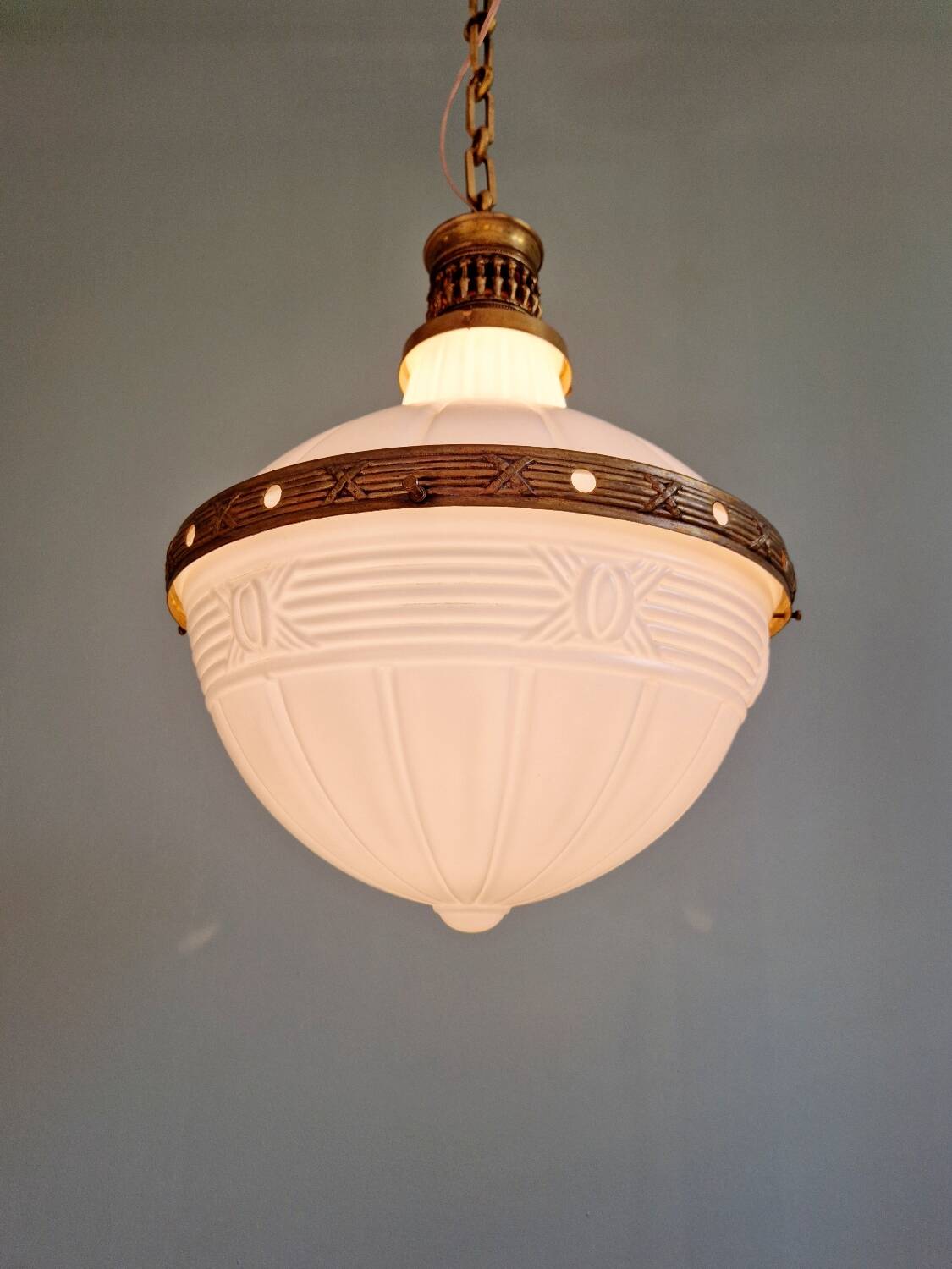 Large Art Deco pendant light in milk glass and brass, 1920s