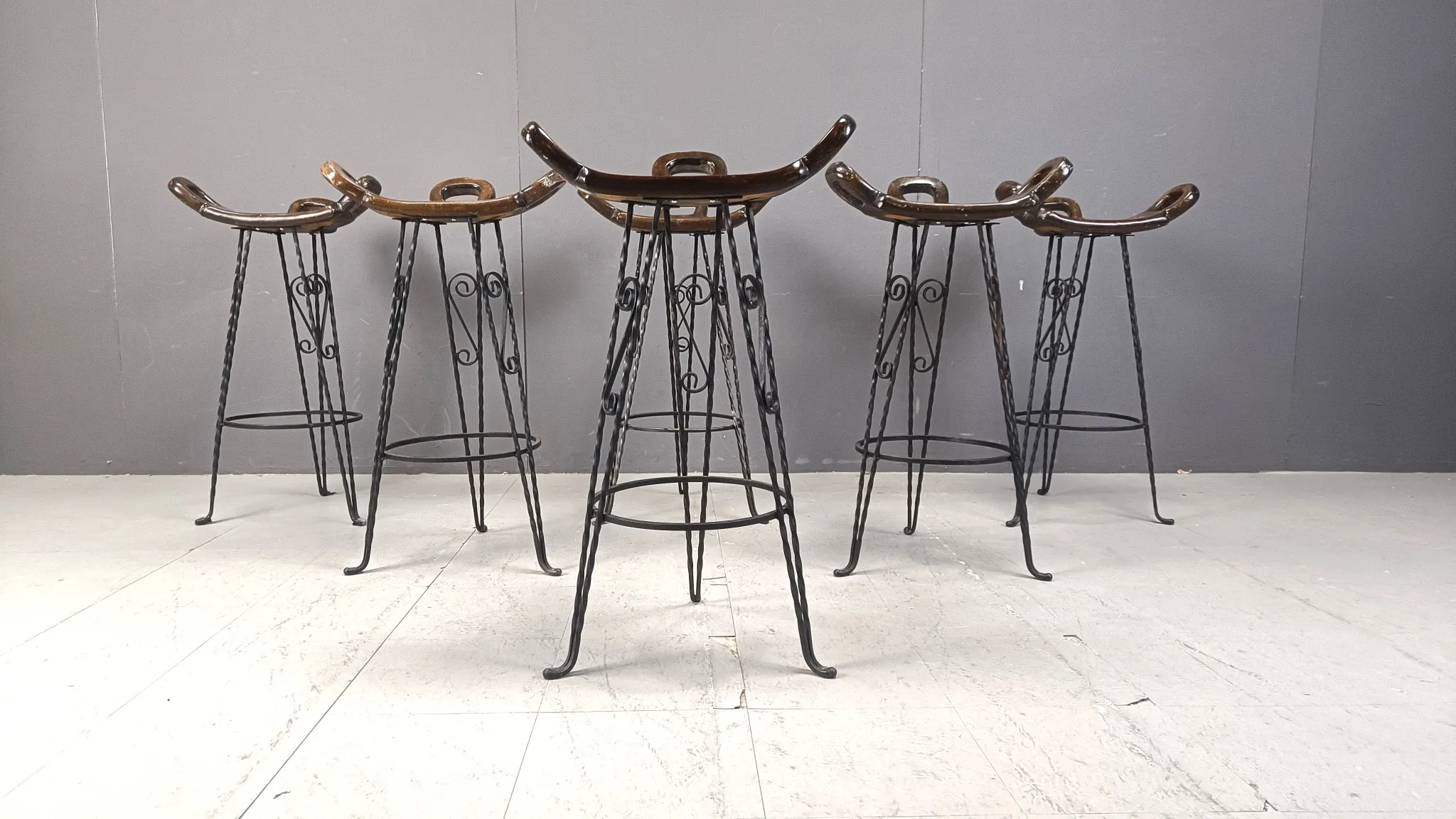 Vintage Spanish wrought iron bar stools, 1960s - set of 6