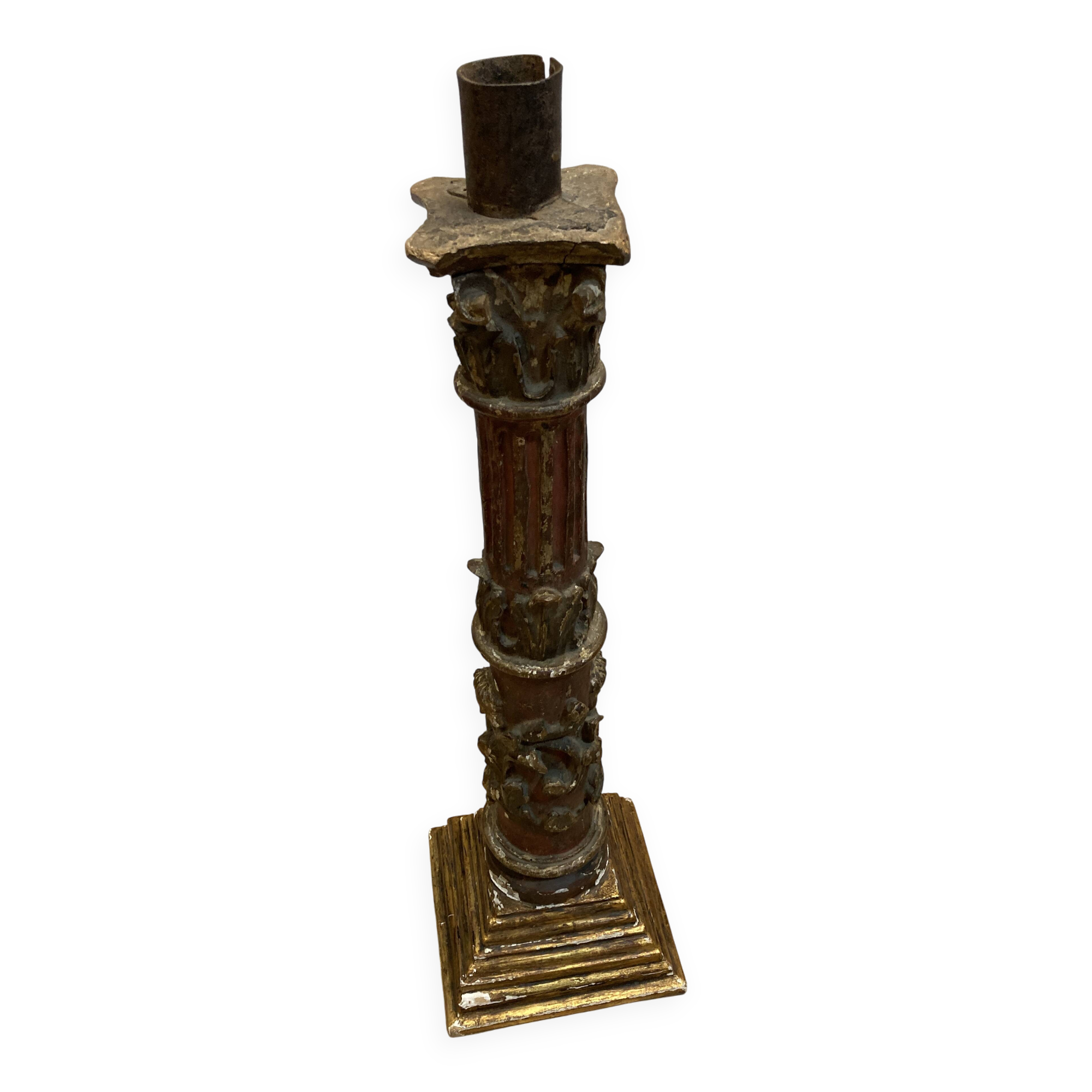 Large antique polychrome carved wooden candle holder - 18th century