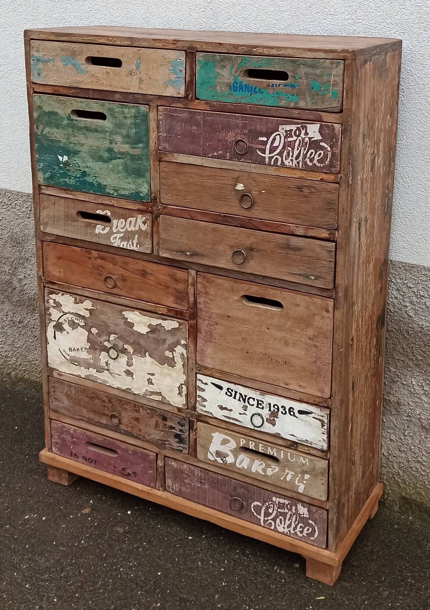 Original wooden chest of drawers with 15 mismatched drawers