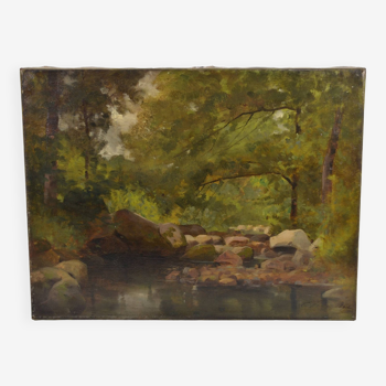 Barbizon school "stream in an undergrowth" signed and dated 1892