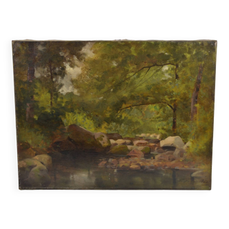 Barbizon school "stream in an undergrowth" signed and dated 1892