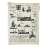 Gravure ancienne 1898, Cuirassé ancien, navire, marine • Lithographie, Planche originale