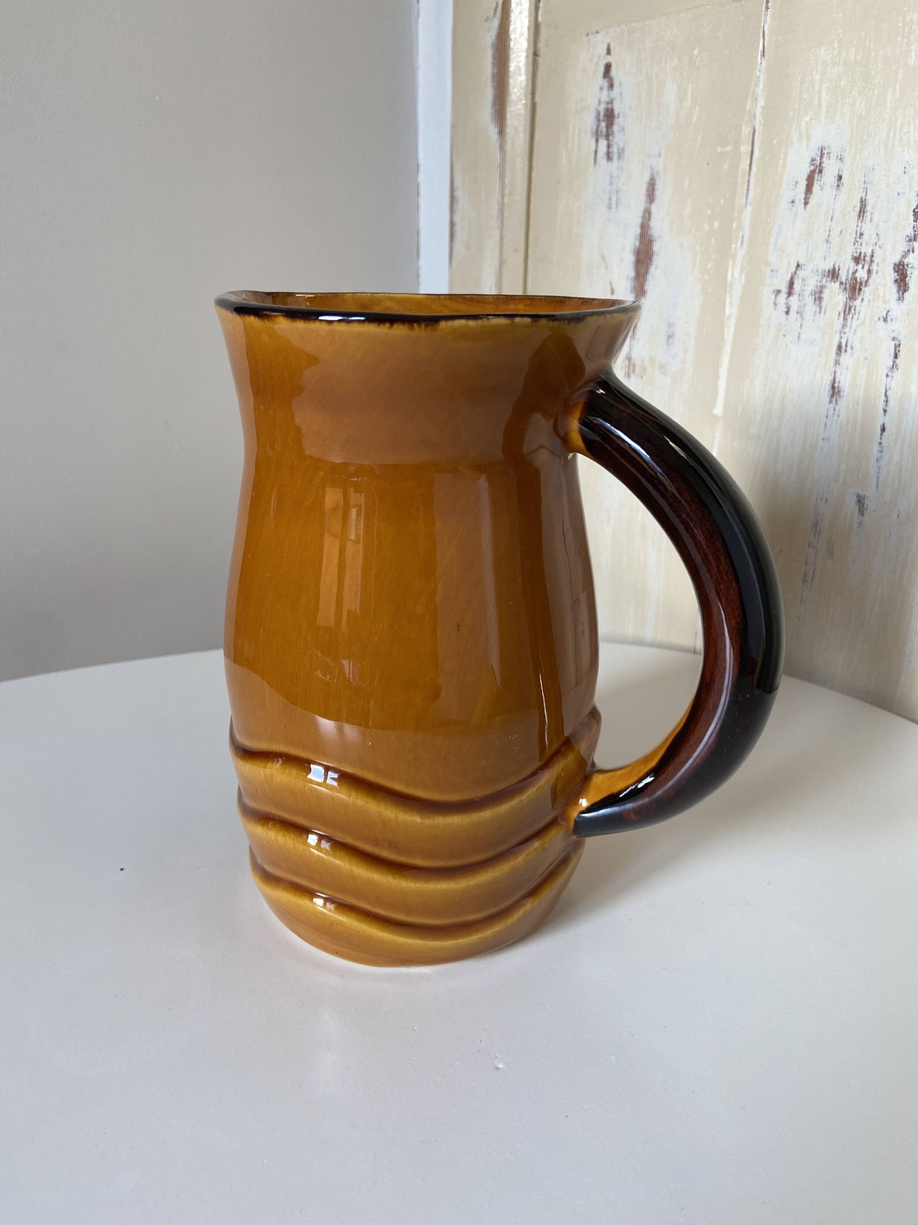 Vintage pitcher carafe Water pot, jug, enamelled ceramic PL France corrugated