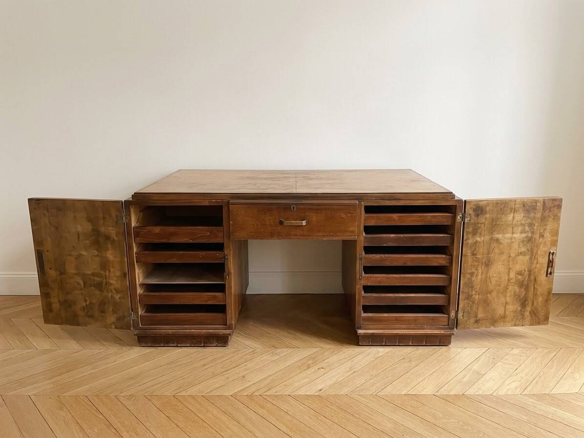 Large Art Deco desk in solid wood with storage cabinets.