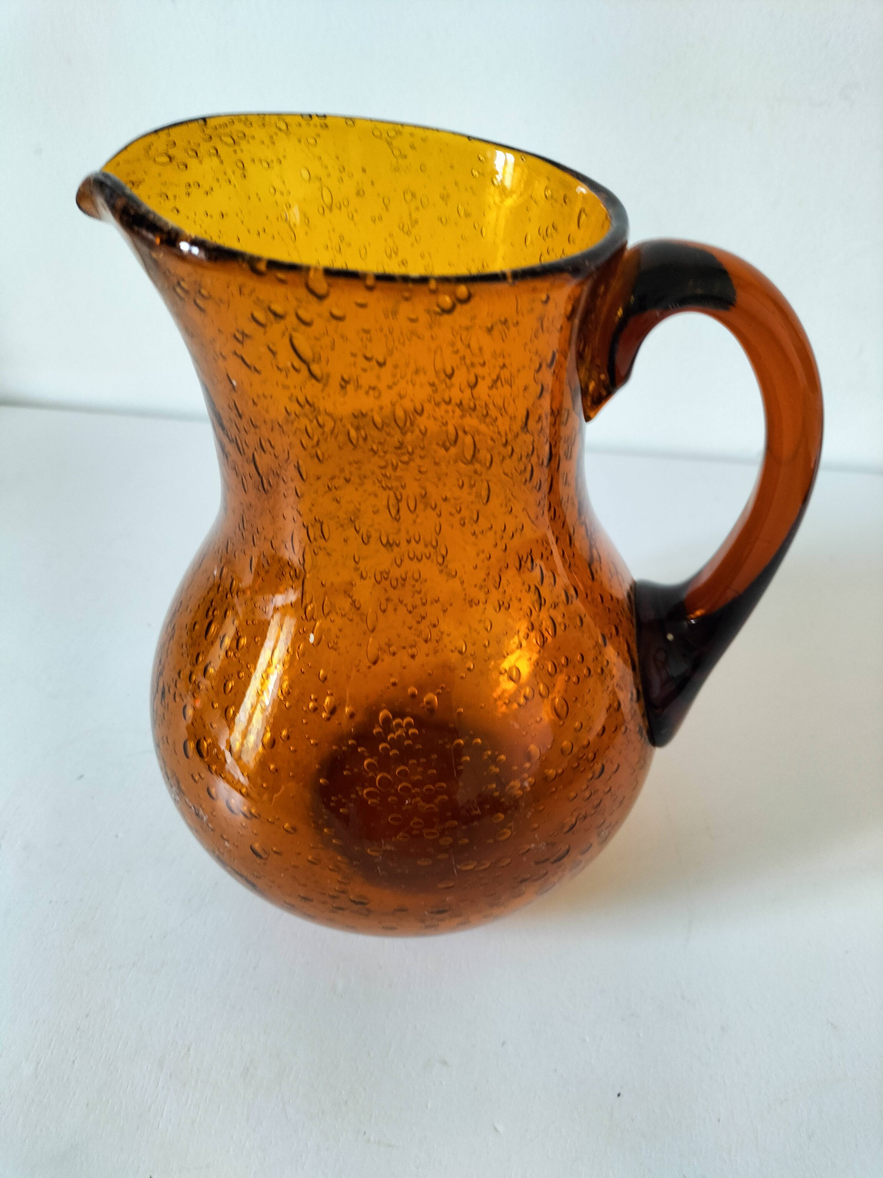 Blown glass pitcher with bubbles from Biot – amber colour