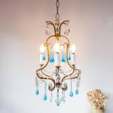 Lustre Italien cage metal doré gouttes bleues vers 1960