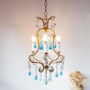 Italian chandelier in gold metal cage with blue drops circa 1960