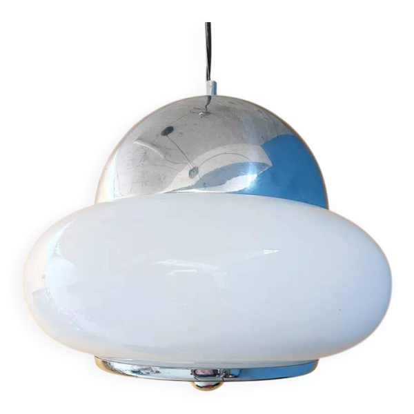Suspension “Saturne” en chrome et verre opalin