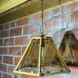 Antique Hexagonal Bamboo Rattan Pendant Light + Vintage Engraved Glass Plates