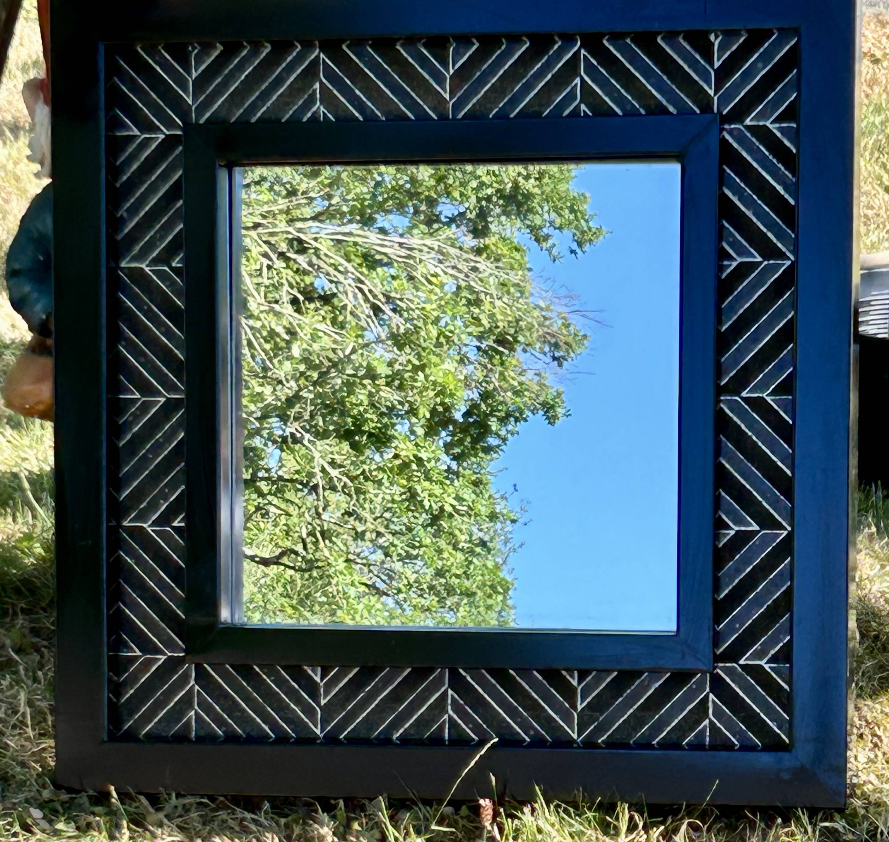 Superbe miroir contemporain métal et céramique géométrique