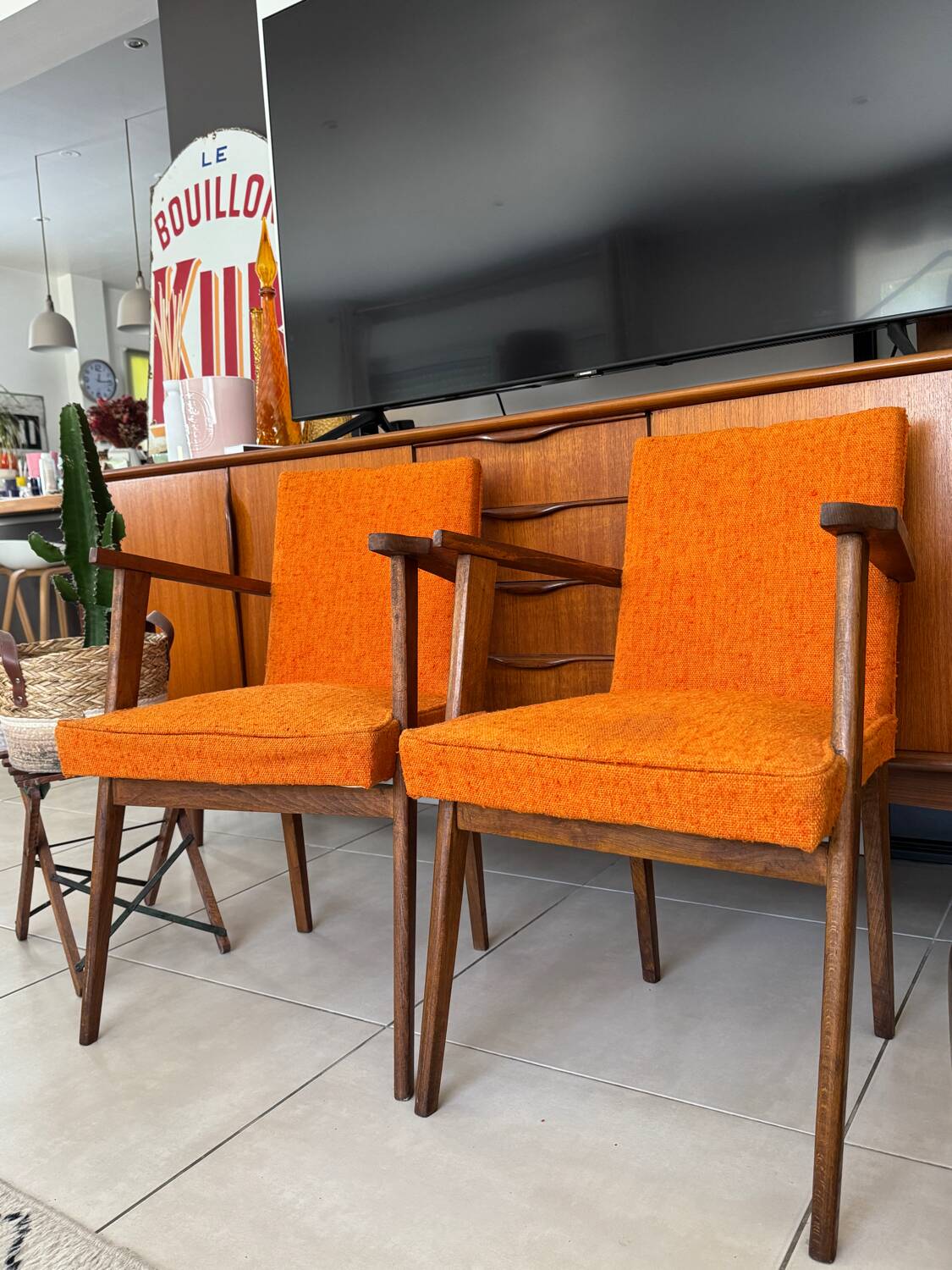Pair of vintage 60s armchairs in wood and orange bouclé fabric