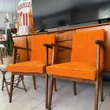 Pair of vintage 60s armchairs in wood and orange bouclé fabric