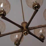 Angelo Brotto for Esperia gold-plated brass chandelier with 6 crackle-glass globes, Italy 1960s