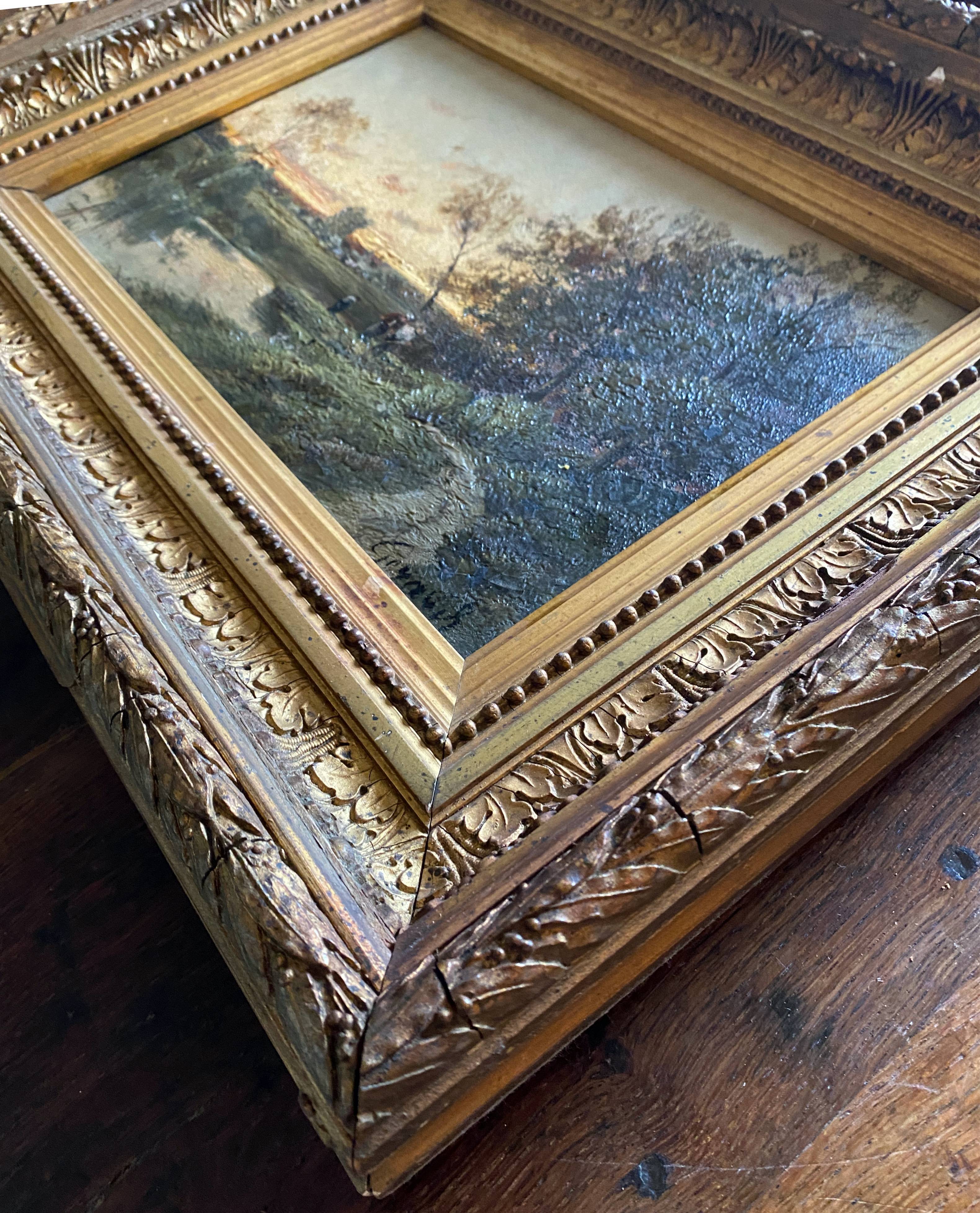 Impressionist painting "Animated twilight landscape" 19th century signed Barbizon