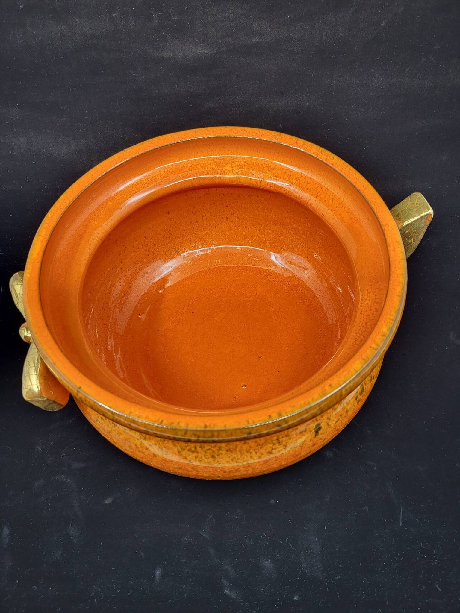 Gérard Crociani soup tureen in orange zoomorphic ceramic French gilded with fine gold Vallauris