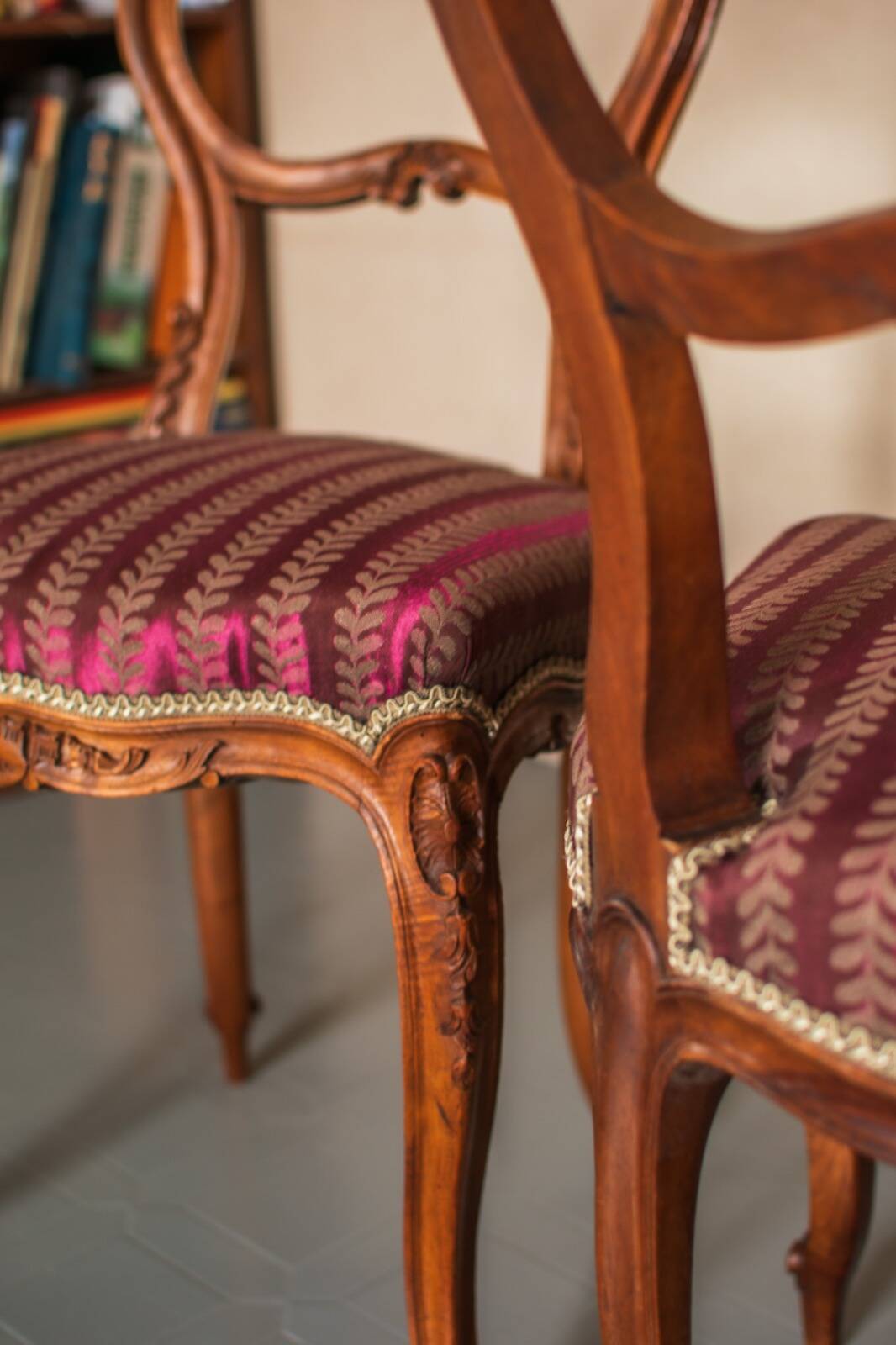 Pair of Rococo style chairs — Feminine & elegant, reupholstered in the antique style.