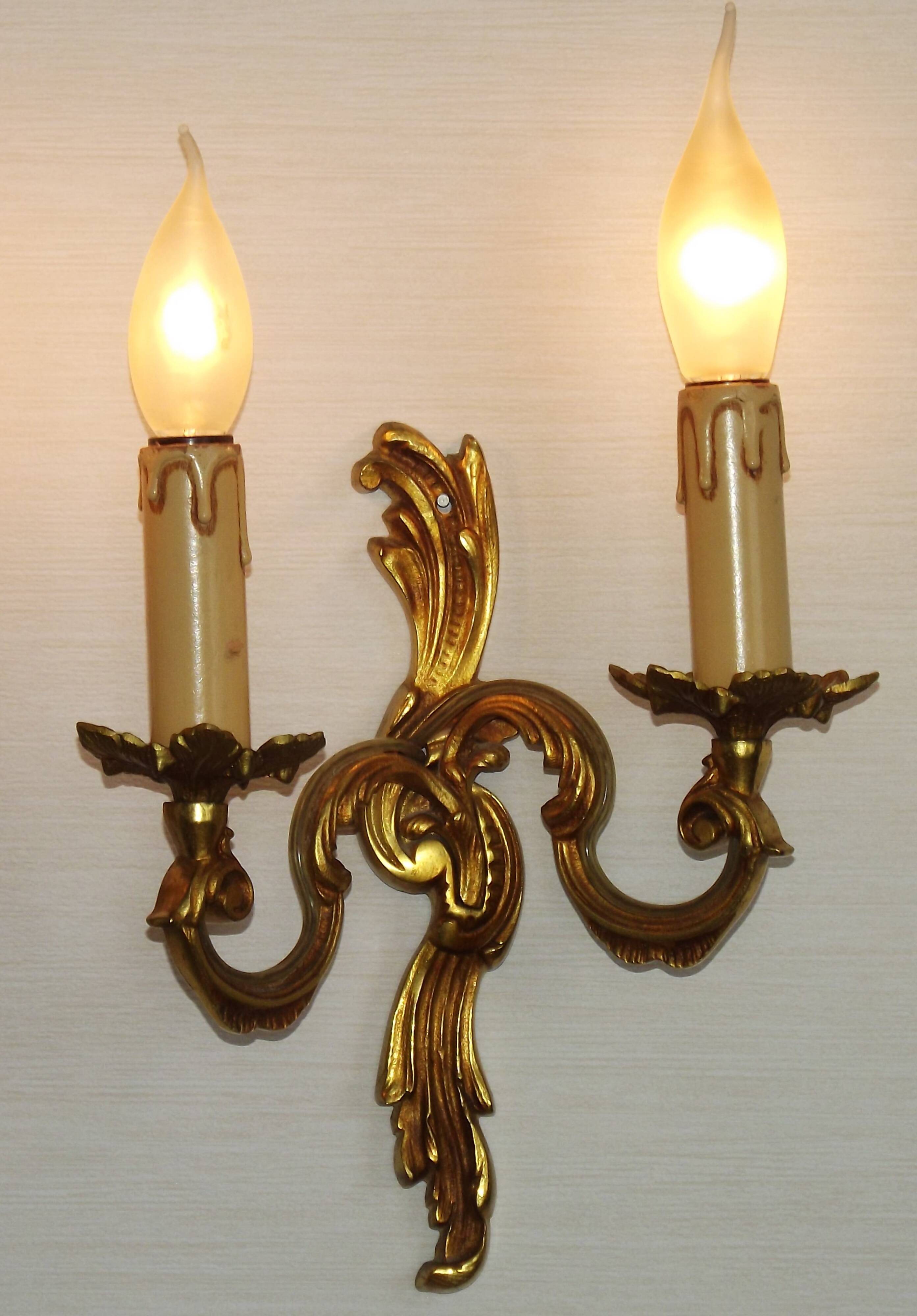 Stylish Vintage French Bronze Double Wall Sconces with Acanthus Leaf Detail