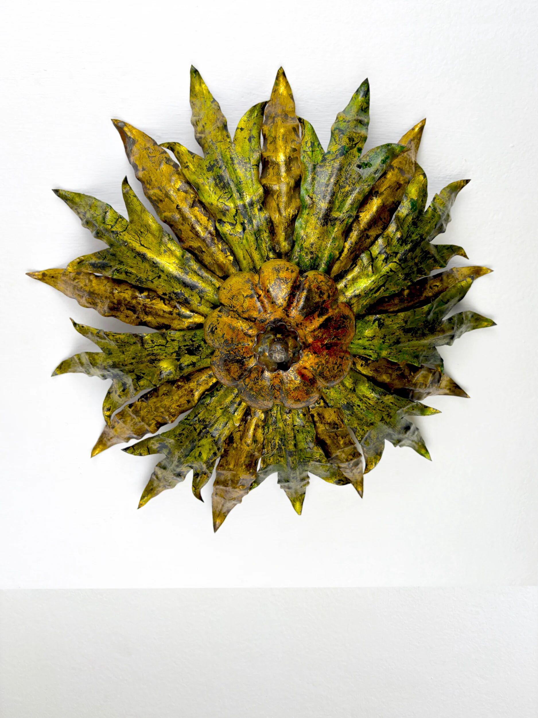 Mid-century Spanish sunburst foliage ceiling light fixture or sconce, green and gilt iron, 1950s