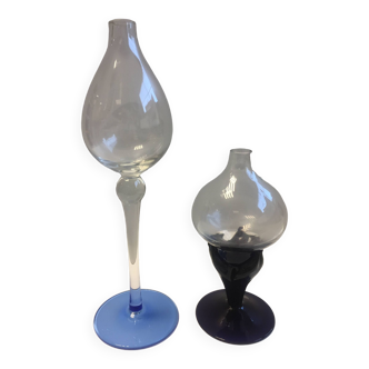 Duo Lampes à Huile Veilleuse ou Soliflores Verre Soufflé Façon Travail Murano