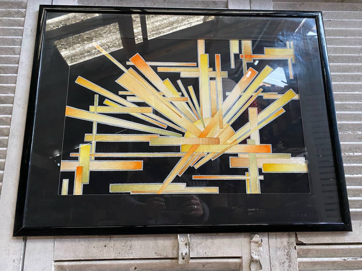 Old painting monique laville volcanic eruption + black wood frame