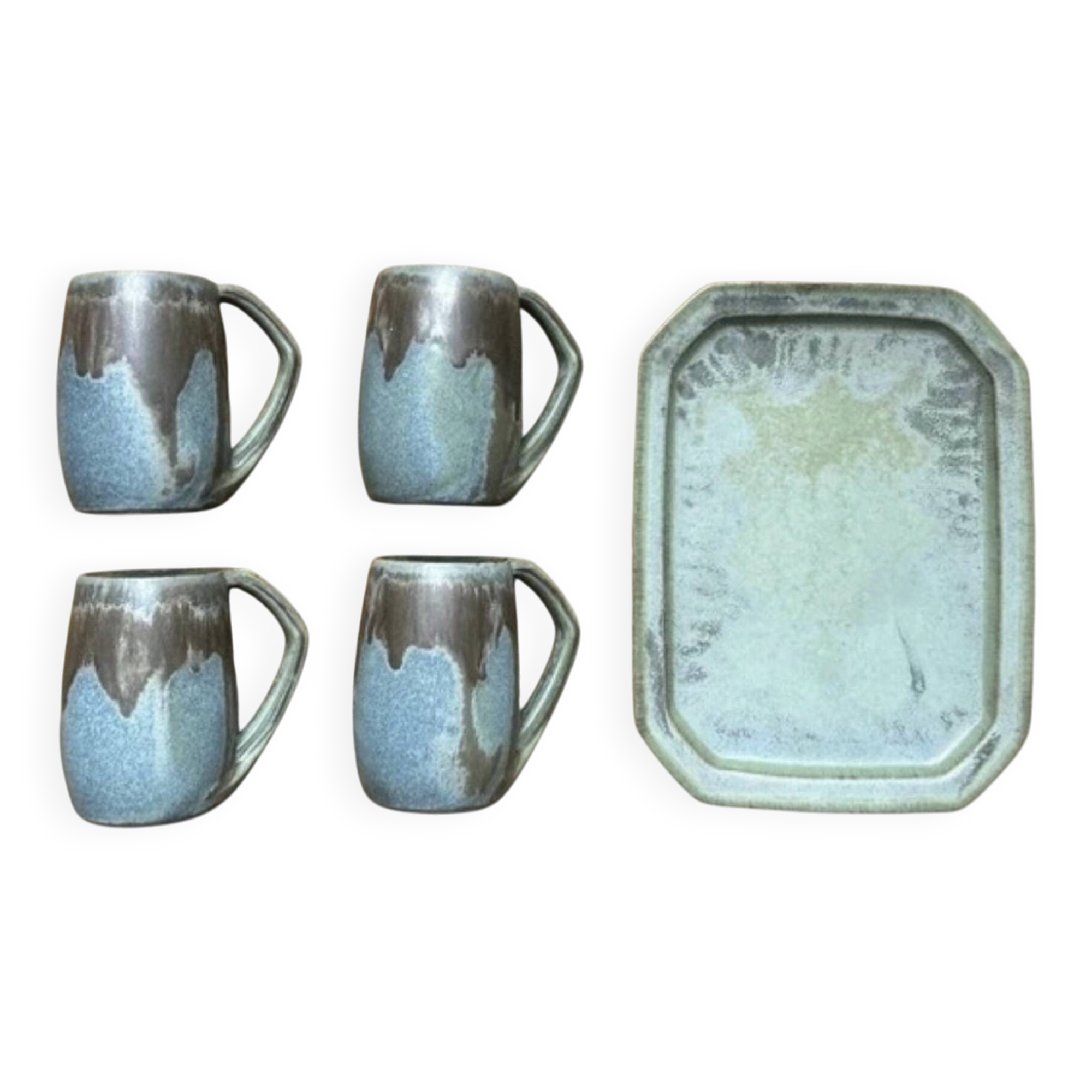 Set of 4 cups and 1 signed brutalist tray.