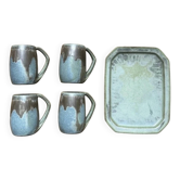 Set of 4 cups and 1 signed brutalist tray.
