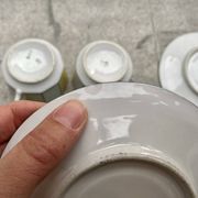 60s striped iridescent porcelain coffee service, 2 cups + 2 vintage saucers