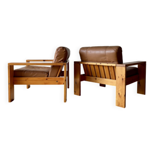 2 Fauteuils pin et cuir