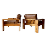 2 pine and leather armchairs from the 1970s