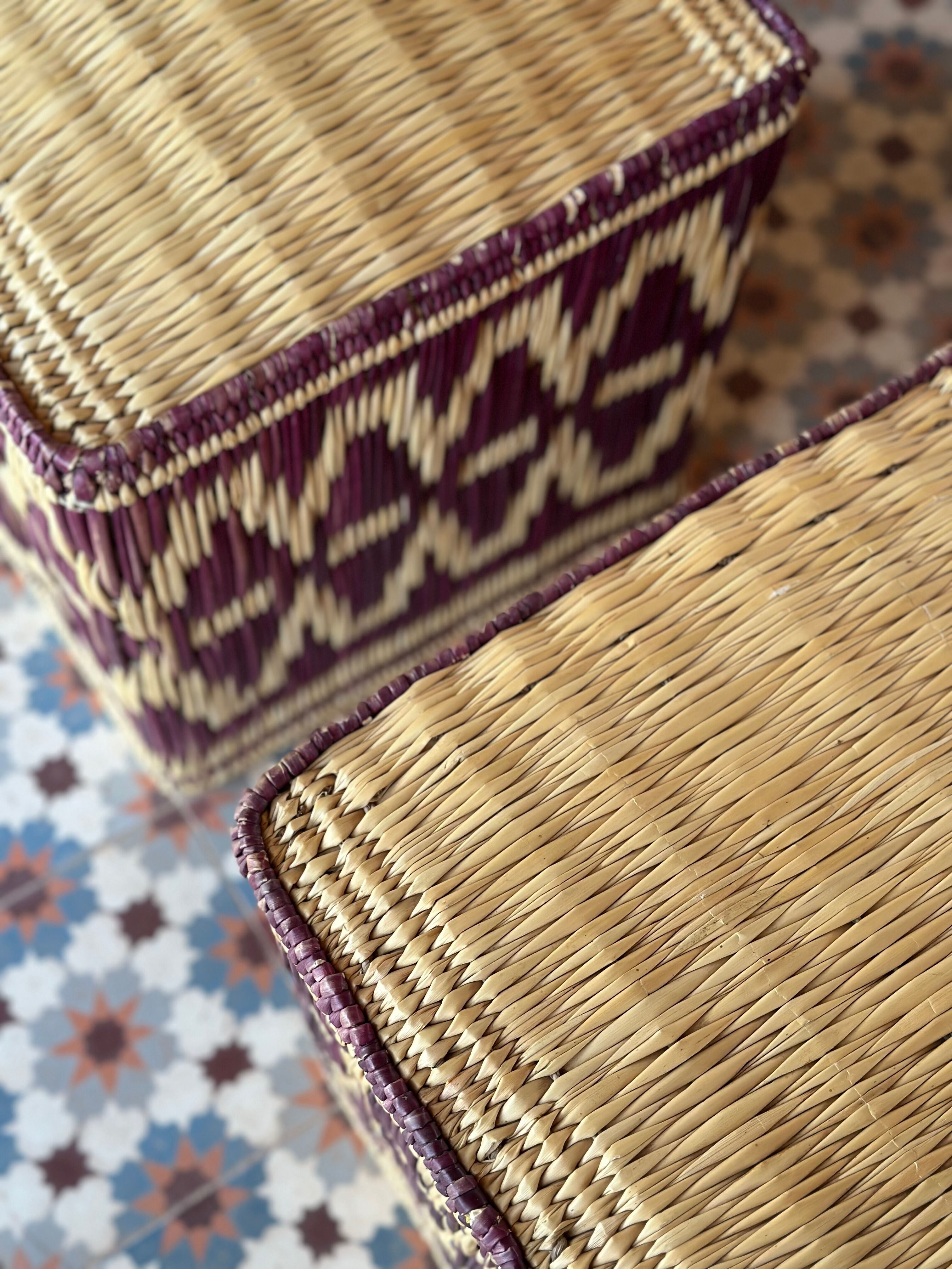 Set of two pouf seat cube rattan wicker graphic ikat red burgundy purple magenta