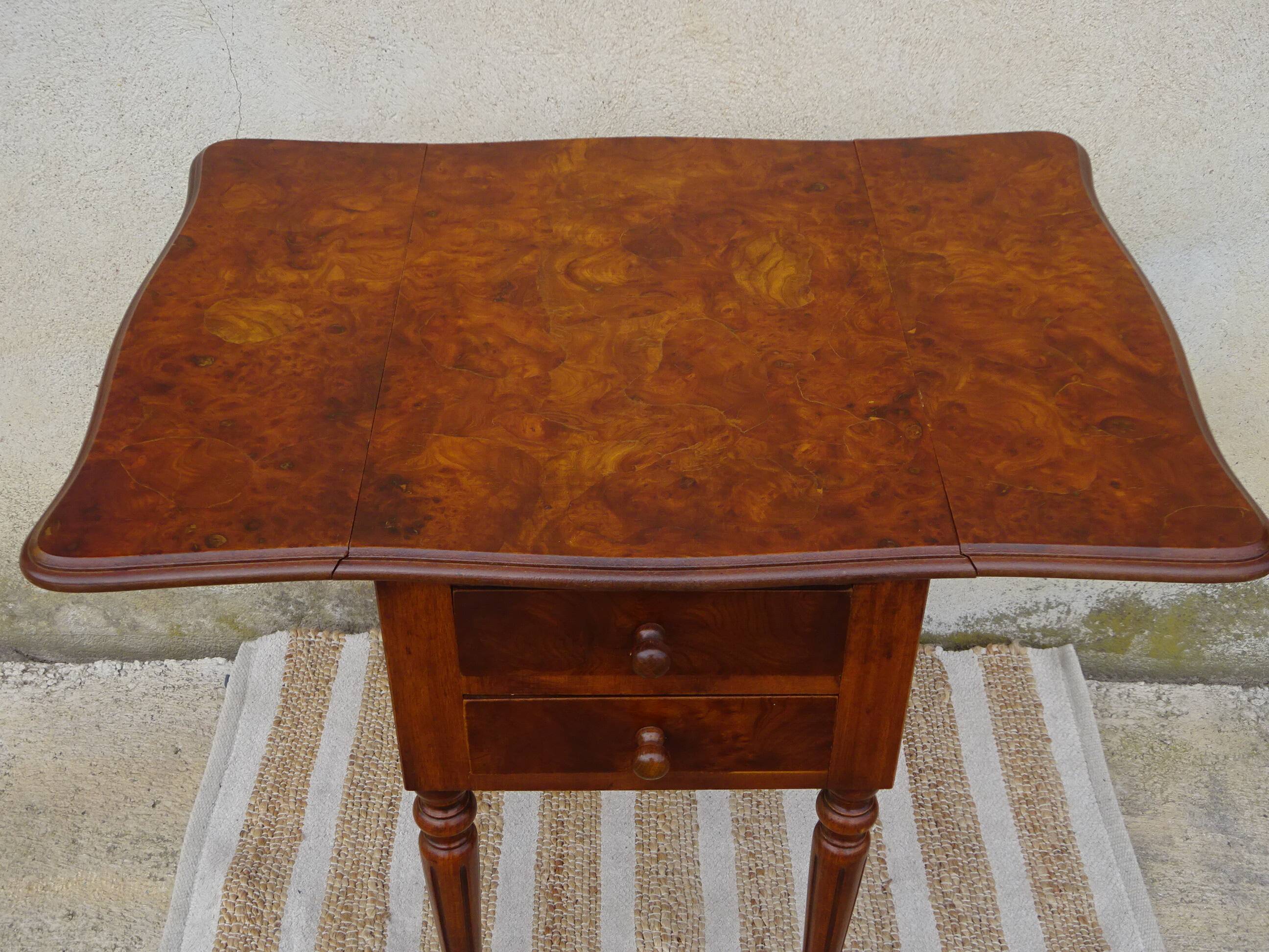 Bedside table with large flap top in burl walnut
